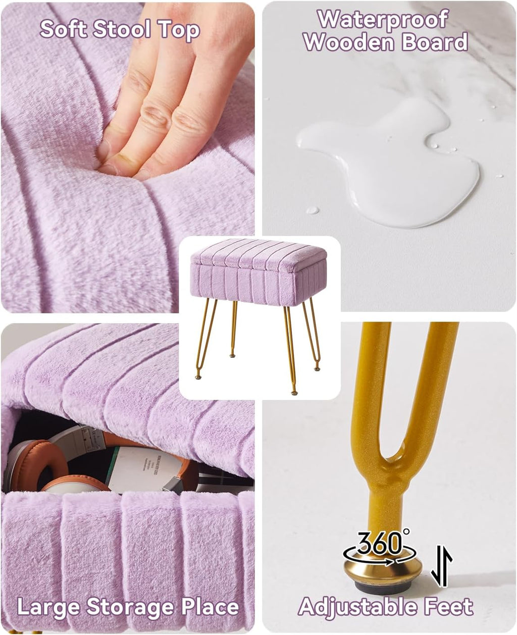 IBUYKE Stool Chair with Storage Space, Footrest Footstool Ottoman, Small Side Table, with 4 Metal Legs, with Anti-Slip Feet, for Makeup Room, Bedroom, Purple LG-50V