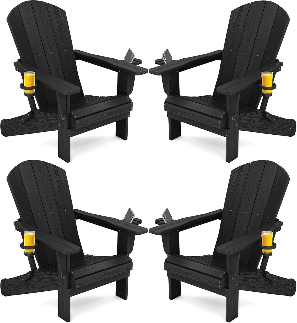 SERWALL Folding Adirondack Chairs with Dual Cup Holder, HDPE Adirondack Chairs Set of 4, Plastic Outdoor Chairs,Black