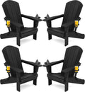 SERWALL Folding Adirondack Chairs with Dual Cup Holder, HDPE Adirondack Chairs Set of 4, Plastic Outdoor Chairs,Black