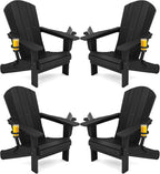 SERWALL Folding Adirondack Chairs with Dual Cup Holder, HDPE Adirondack Chairs Set of 4, Plastic Outdoor Chairs,Black