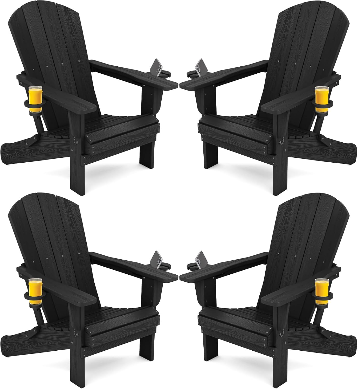 SERWALL Folding Adirondack Chairs with Dual Cup Holder, HDPE Adirondack Chairs Set of 4, Plastic Outdoor Chairs,Black