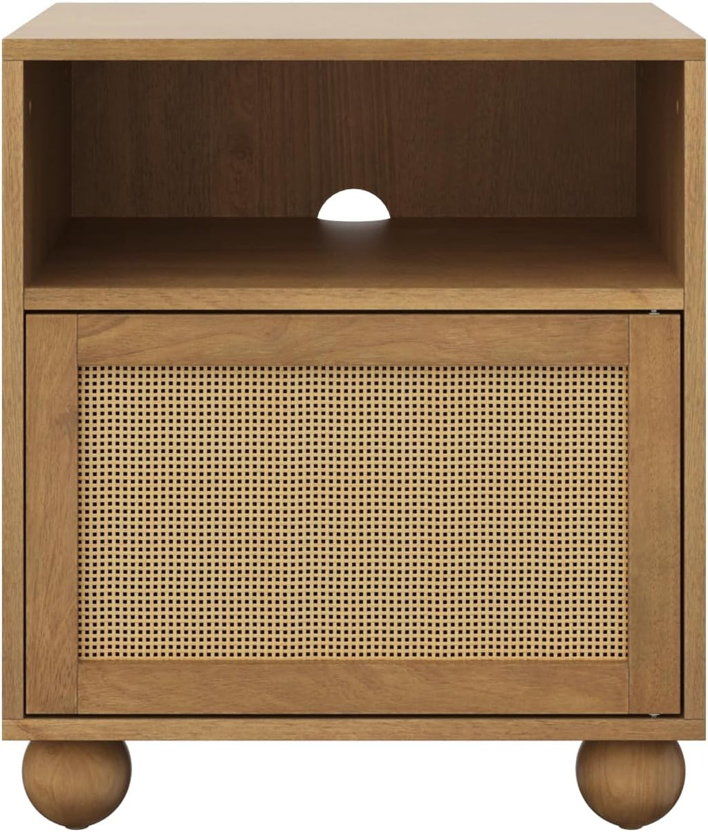 Nathan James Franco Faux Rattan Side Table Nightstand with Storage, Rustic Bedside Table with Solid Wood Legs, Light Brown