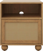 Nathan James Franco Faux Rattan Side Table Nightstand with Storage, Rustic Bedside Table with Solid Wood Legs, Light Brown