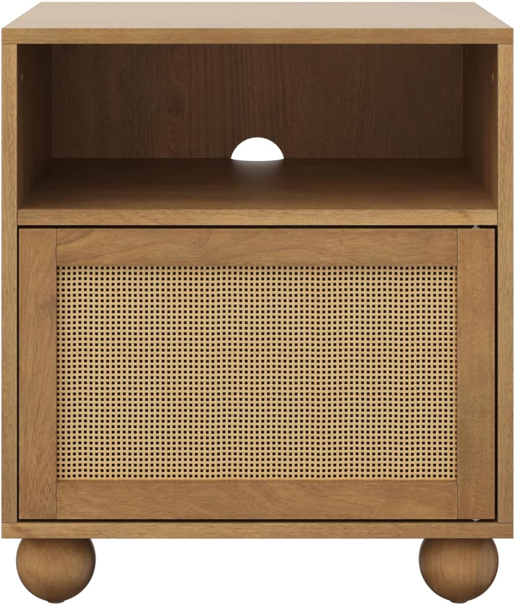 Nathan James Franco Faux Rattan Side Table Nightstand with Storage, Rustic Bedside Table with Solid Wood Legs, Light Brown Set of 2