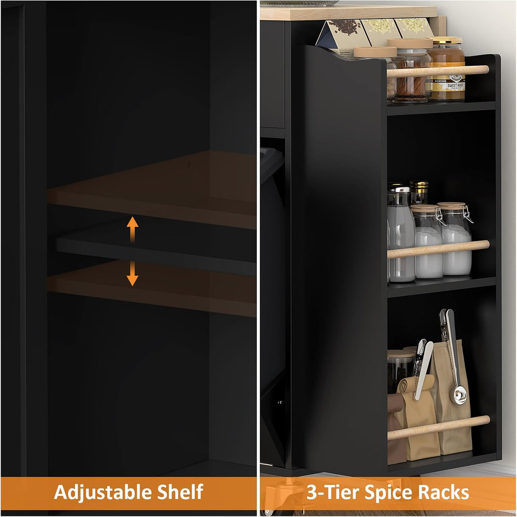 Bigbiglife Kitchen Island with Storage, 50.8" Rolling Kitchen Island Cart with Drop Leaf & Storage - Mobile Kitchen Organizer with Wheels, Rubberwood Top, Trash Can Cabinet & Towel Rack, Black