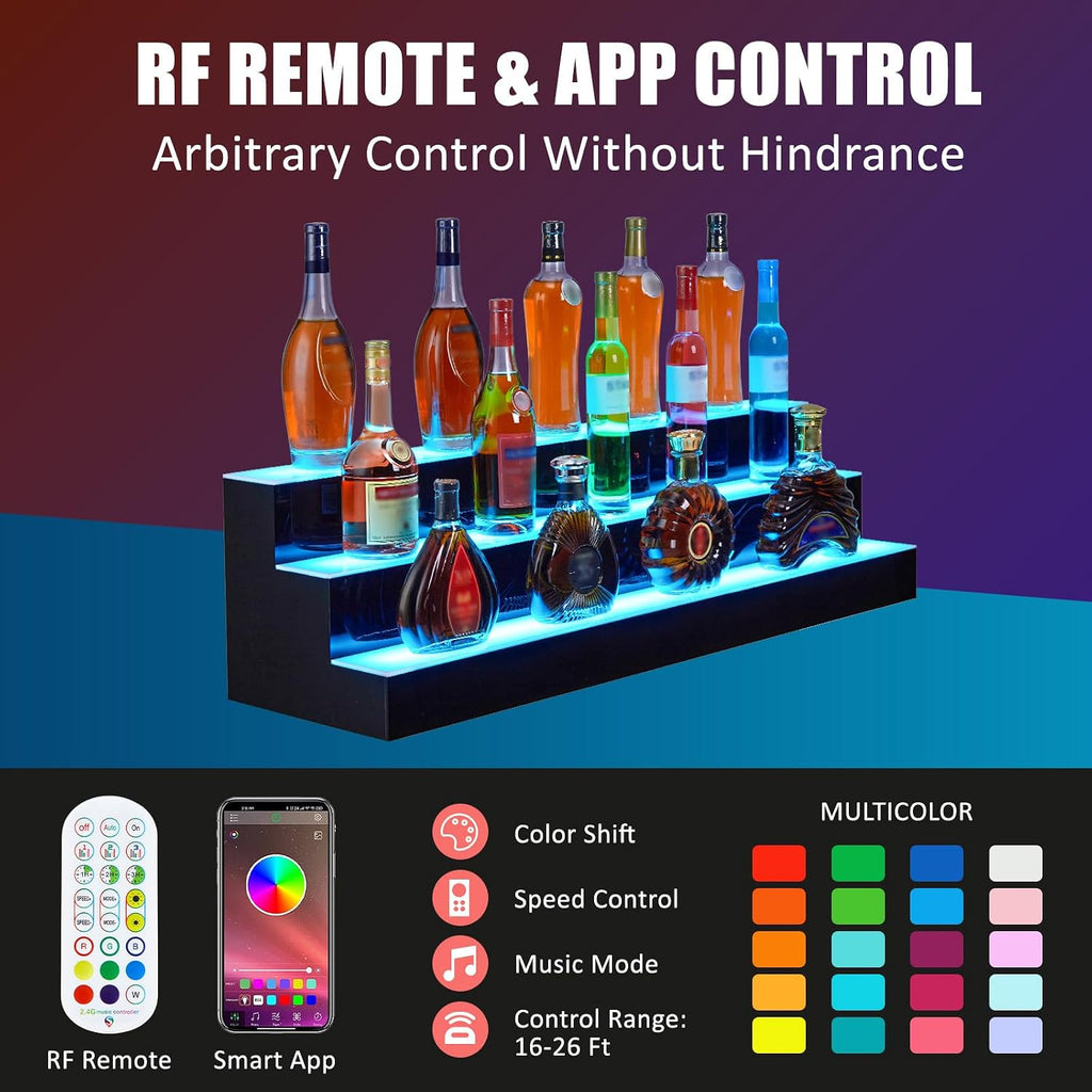 Liquor Bottle Display Shelf, 24 in Acrylic Lighted Bottle Display with Remote & App Control, 1-8 H Timing, 3-Tiers Bottle Stand Mulit-color Lighting for Home/Commercial Bar Display, Home Storage