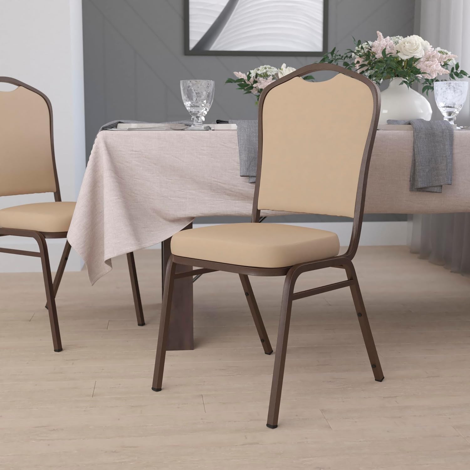BizChair Crown Back Stacking Banquet Chair in Tan Vinyl - Copper Vein Frame
