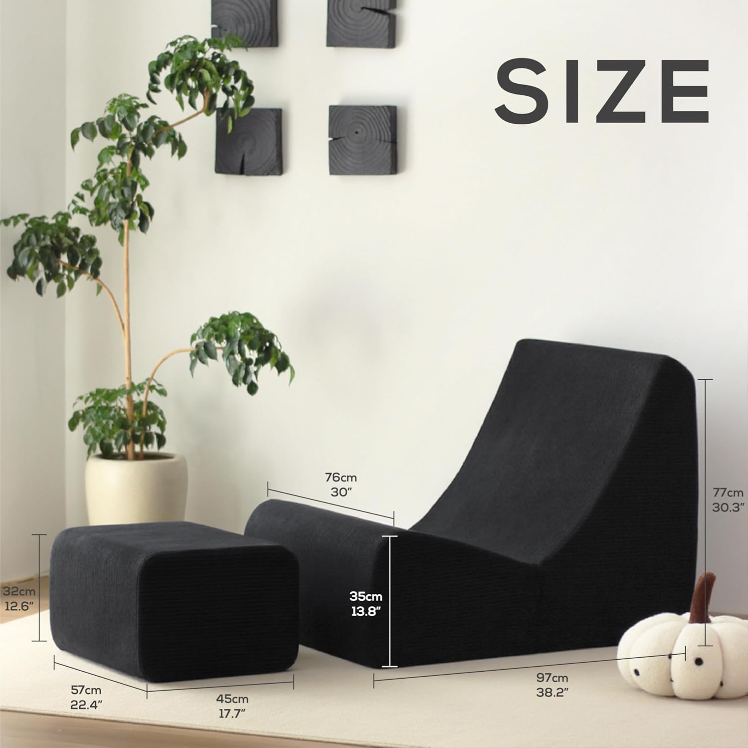N&V Bean Bag Chair Single Seated Foam Sofa Armless Floor Sofa with High Density Foam Removable and Machine Washable Cover (Black, Large, Corduroy Stripes)
