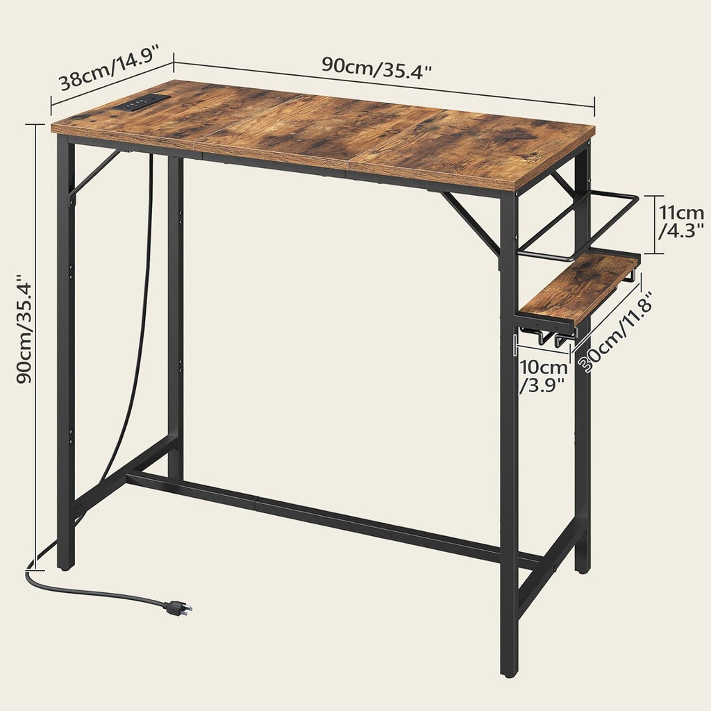 MAHANCRIS Bar Table, 35.4-Inch Counter Height Pub Table with Charging Station, Rectangular Dining Table with Wine Rack and Glass Holder, High Top Cocktail Tables, for Kitchen (Only Table)