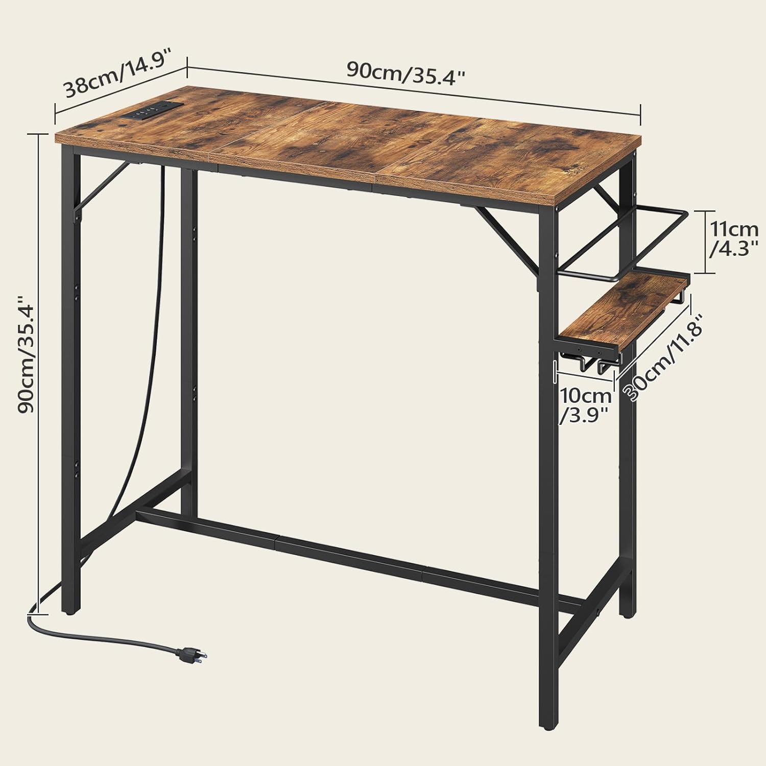 MAHANCRIS Bar Table, 35.4-Inch Counter Height Pub Table with Charging Station, Rectangular Dining Table with Wine Rack and Glass Holder, High Top Cocktail Tables, for Kitchen (Only Table)
