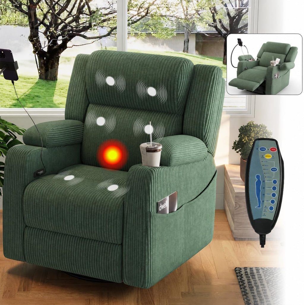 ERYE Power Reclining Chair Corduroy Upholstered Nursery Armchair,Glider Rocker Swivel Recliner W/Vibration Heat,USB-C Ports,Cupholder,Hidden Storage & Adjustable Headrest