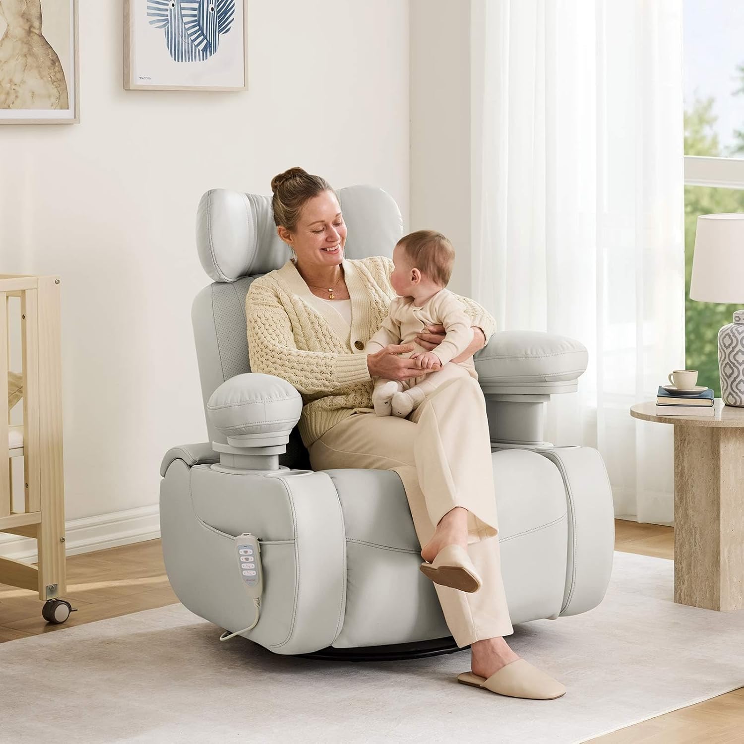MAMAZING Lullapod Max Power Nursery Rocking Chair with Independent Recline & Footrest, Swivel Nursery Recliner Glider with Electric Adjustable Armrests, Silent Rocking, Oeko-TEX Certified