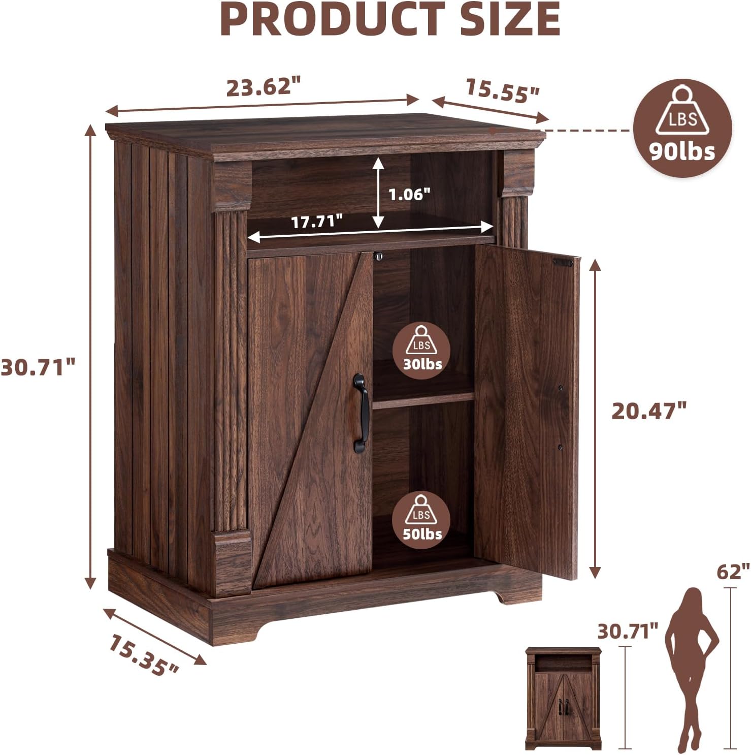 BuildHom 24" Farmhouse Storage Cabinet – Walnut Freestanding Buffet Sideboard with Barn Doors, Adjustable Shelf, Small Coffee Bar for Kitchen, Bathroom & Living Room
