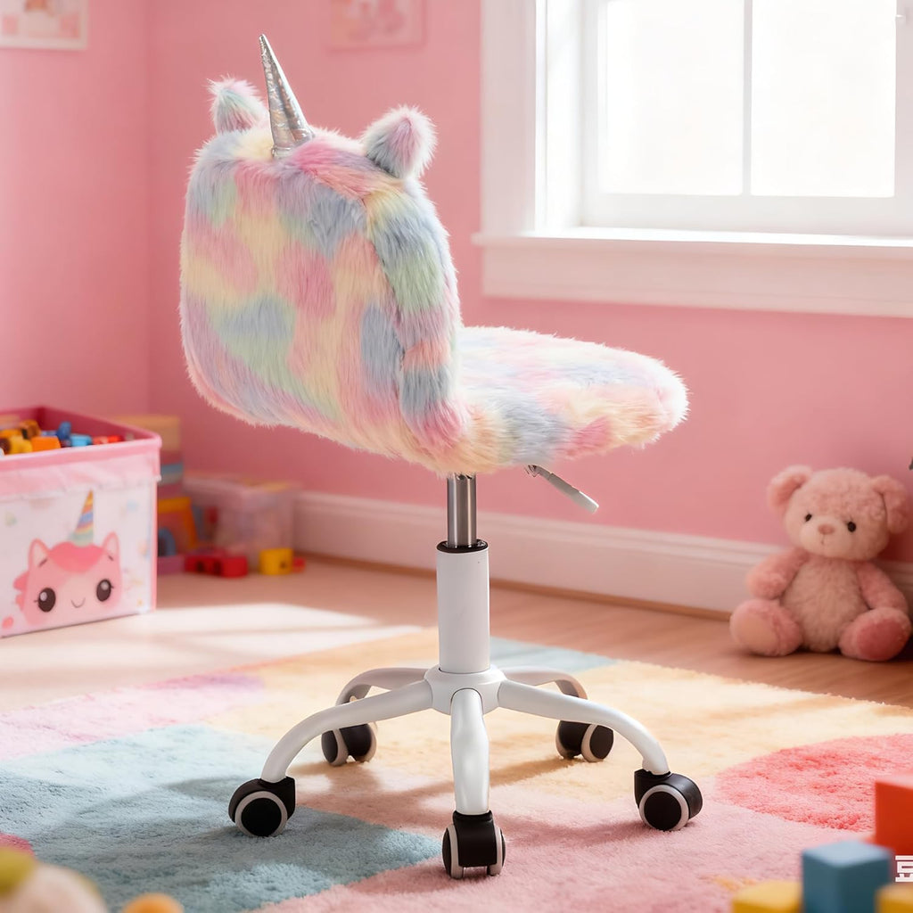 Cute Fuzzy Kids Chair Funny Rolling Study Desk Chair Colorful Girls Vanity Swivel Chair with White Foot