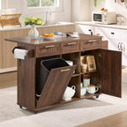 Okvnbjk 57" Rolling Kitchen Island with Storage & Drop Leaf, Walnut | Mobile Island with Trash Can Storage Cabinet, Power Outlet, Large Island Cart on Wheels with Spice & Towel Rack, Knife Holder