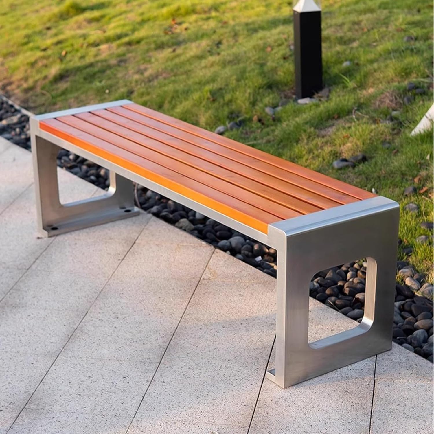 Outdoor Bench with Wooden seat and Stainless Steel Legs, Capable of Supporting 1000kg, Suitable for Stations, Parks, courtyards, and Streets Yellow - Loop-Shaped 150cm