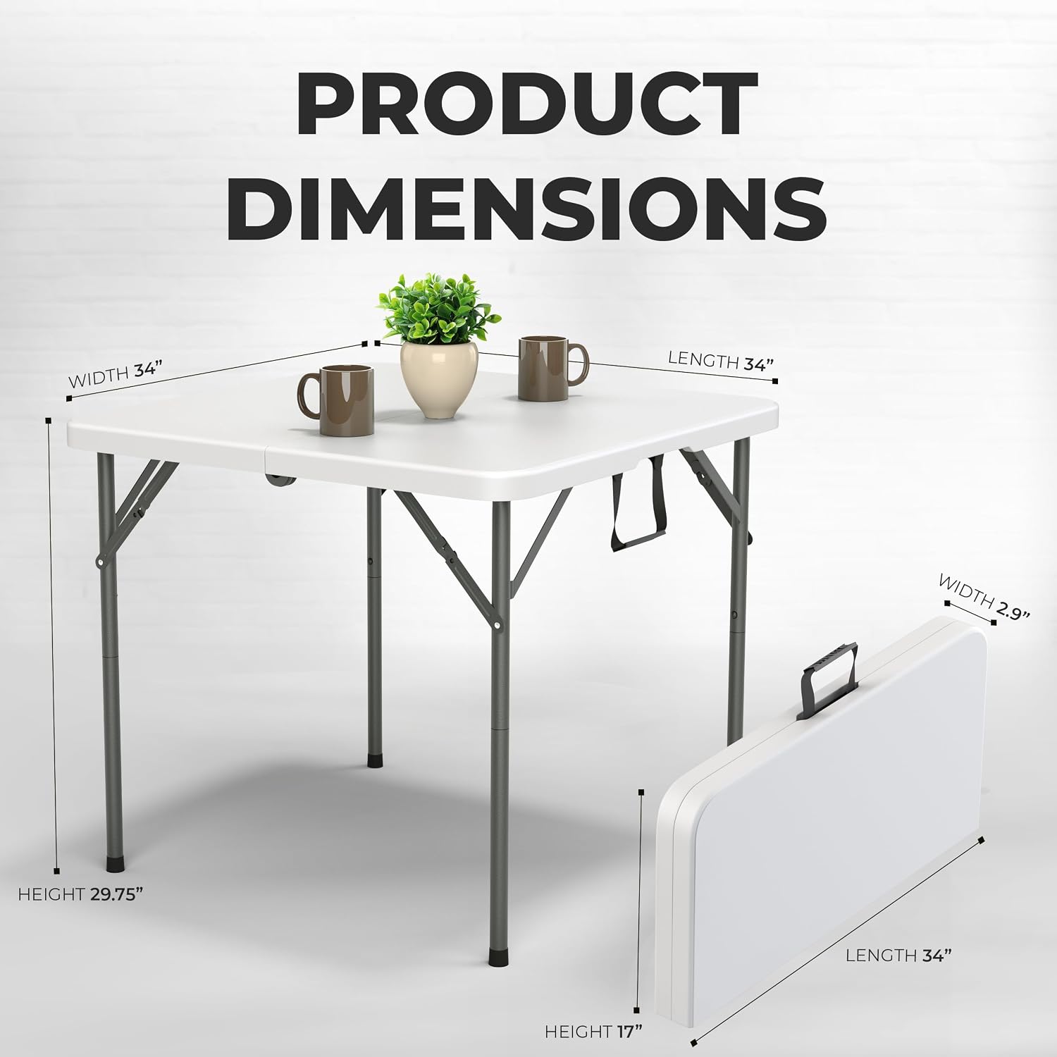Our Modern Space 34" Square Foldable Table with Built in Handle & Steel Legs | Heavy Duty Portable | Perfect for Party, Dining, Wedding, Events, Picnic Indoor, Outdoor, Camping, Utility, Temporary