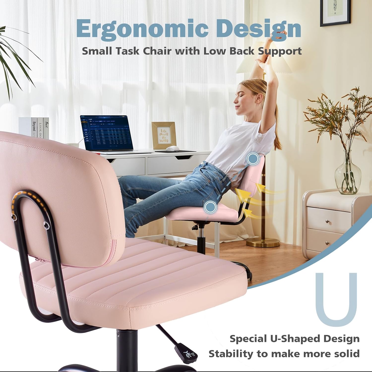 DUMOS Armless Home Office Executive Chair - Small Desk Chair with Low Back Lumbar Support, Height Adjustable PU Leather Computer Task Chair with 360° Swivel Wheels, for Adults, Pink
