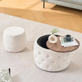 Furniliving Storage Ottoman Set of 2, Luxurious Velvet Round Ottoman with Wood Tray, Aesthetic Coffee Table with Foot Stool for Living Room, Beige