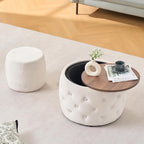 Furniliving Storage Ottoman Set of 2, Luxurious Velvet Round Ottoman with Wood Tray, Aesthetic Coffee Table with Foot Stool for Living Room, Beige