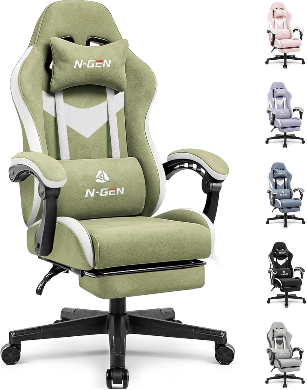 N-GEN GAMING Gaming Chair Video Game Computer Office Desk Use Ergonomic Reclining Backrest Adjustable Armrests Lumbar Support Footrest High Density Foam Breathable Fabric Heavy Duty Base (Green)