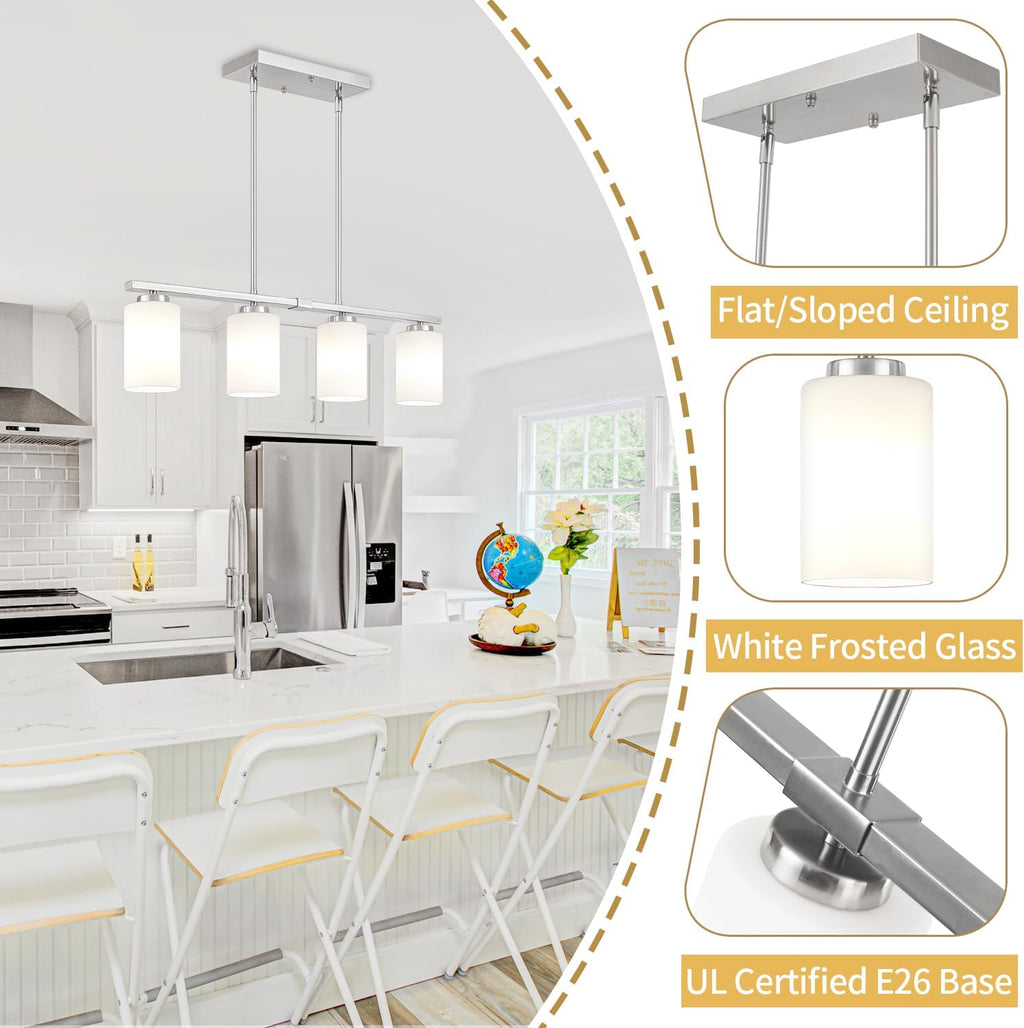 Modern Island Lights for Kitchen, Brushed Nickel Dining Room Light Fixtures, 4-Light Linear Chandeliers Over Table White Frosted Glass Kitchen Hanging Lights Pendant Lighting Over Island