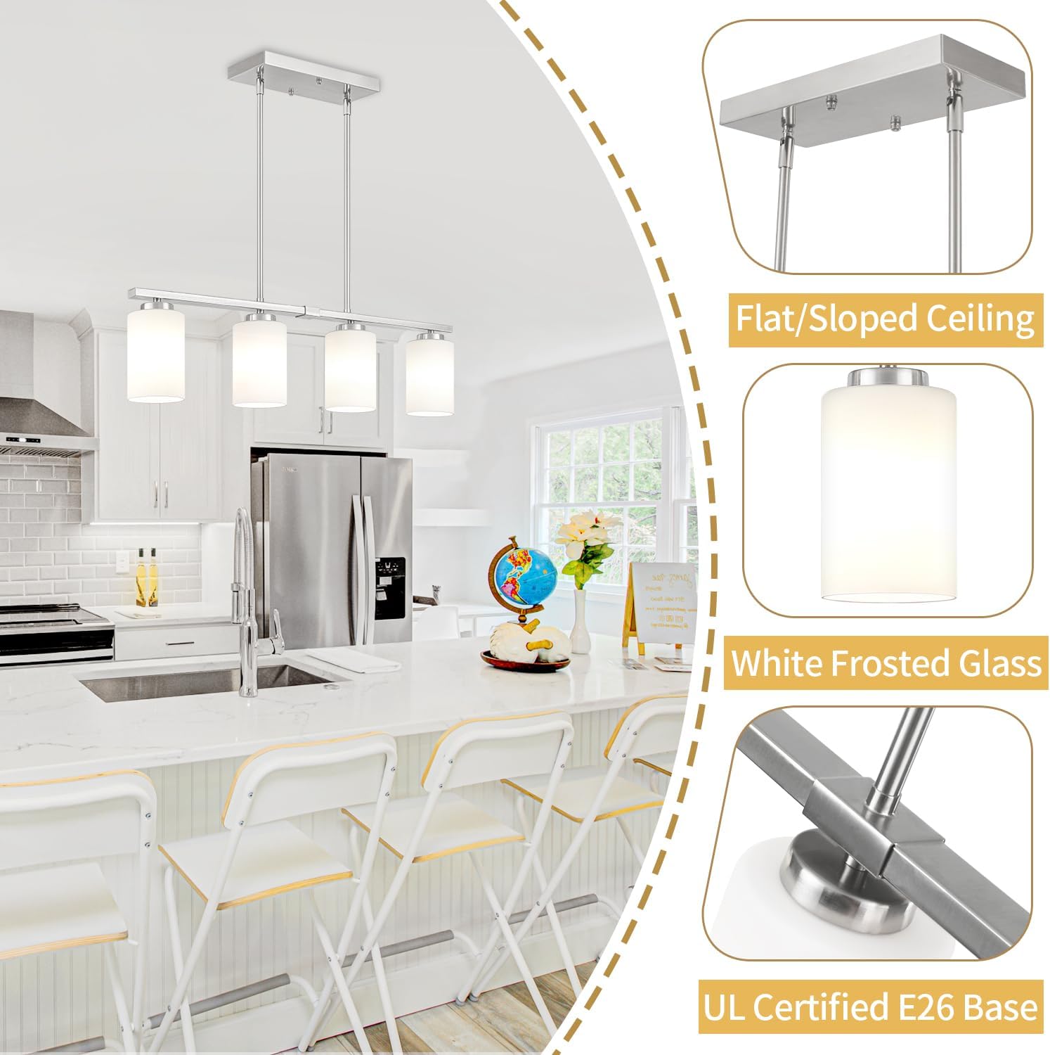Modern Island Lights for Kitchen, Brushed Nickel Dining Room Light Fixtures, 4-Light Linear Chandeliers Over Table White Frosted Glass Kitchen Hanging Lights Pendant Lighting Over Island