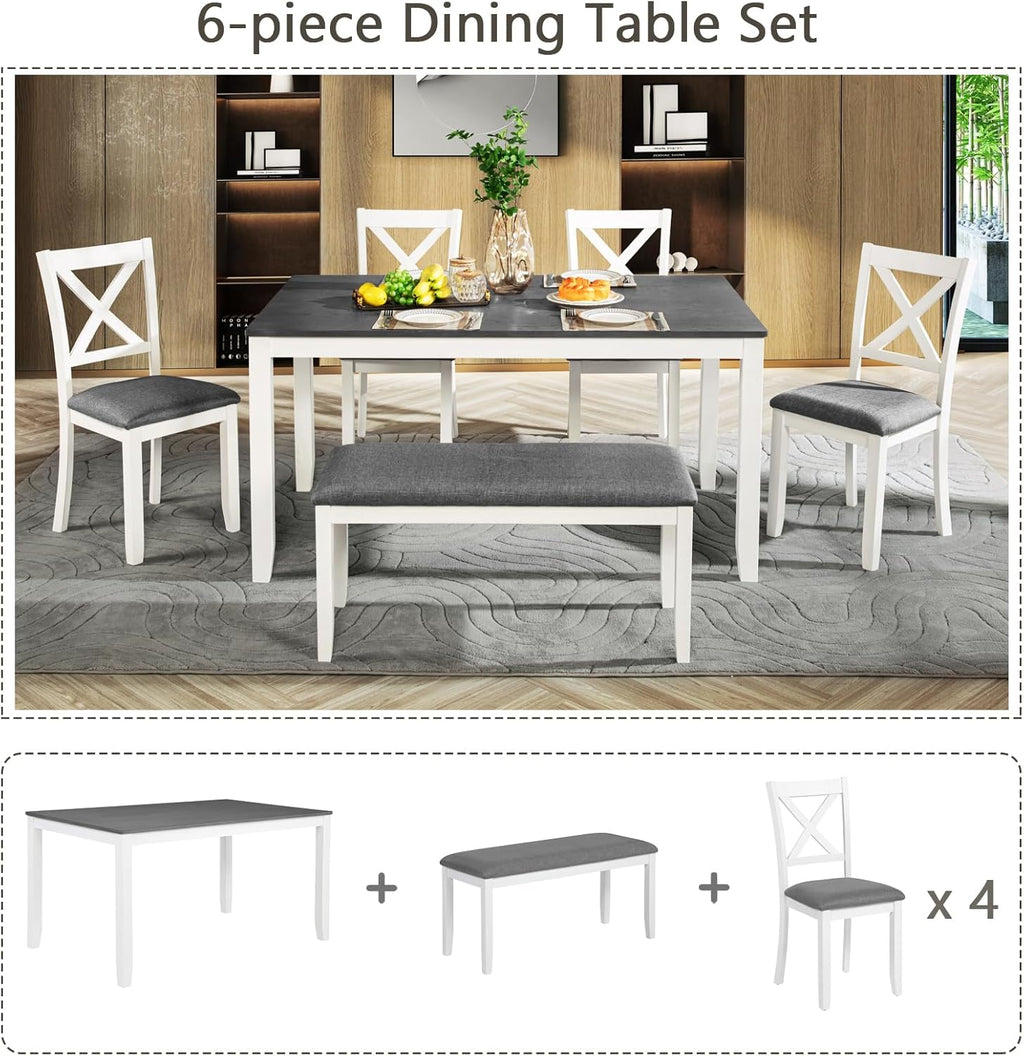 Bellemave 6-Piece Dining Table Set for 6 Rectangular Kitchen Table Set with 4 Dining Chairs and Bench, 6 Person Dining Room Set for Kitchen, Dining Room (White+Gray)