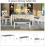 Bellemave 6-Piece Dining Table Set for 6 Rectangular Kitchen Table Set with 4 Dining Chairs and Bench, 6 Person Dining Room Set for Kitchen, Dining Room (White+Gray)