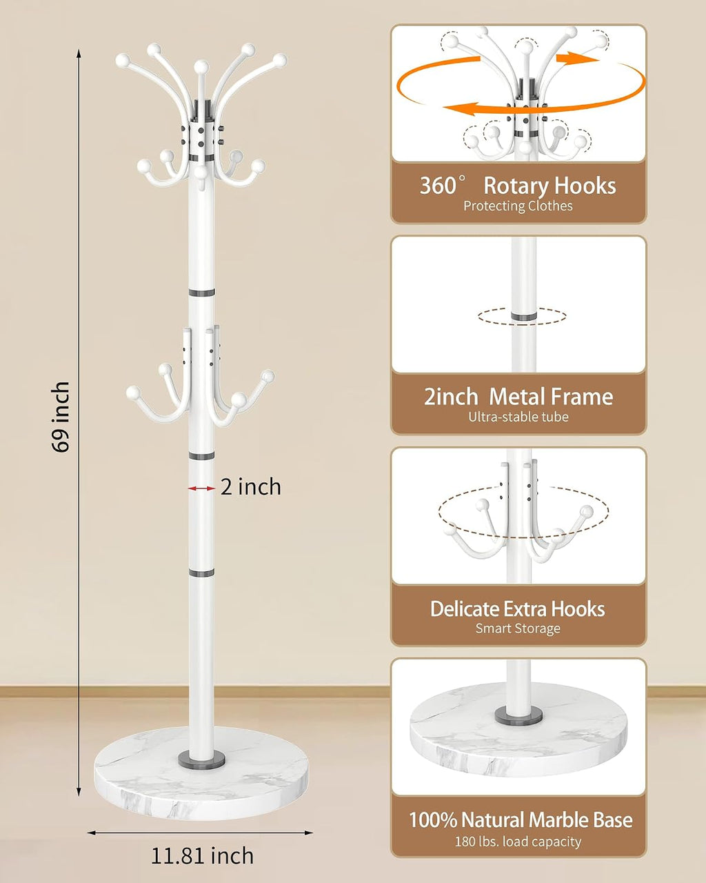 EZIVIEZ Modern Coat Rack Stand, 360° Rotary Metal Freestanding Coat Rack with Natural Marble Base, Black Coat Racks and Coat Hanger Tree Jacket Stand with 14 Hooks for Office, Entryway, Hallway