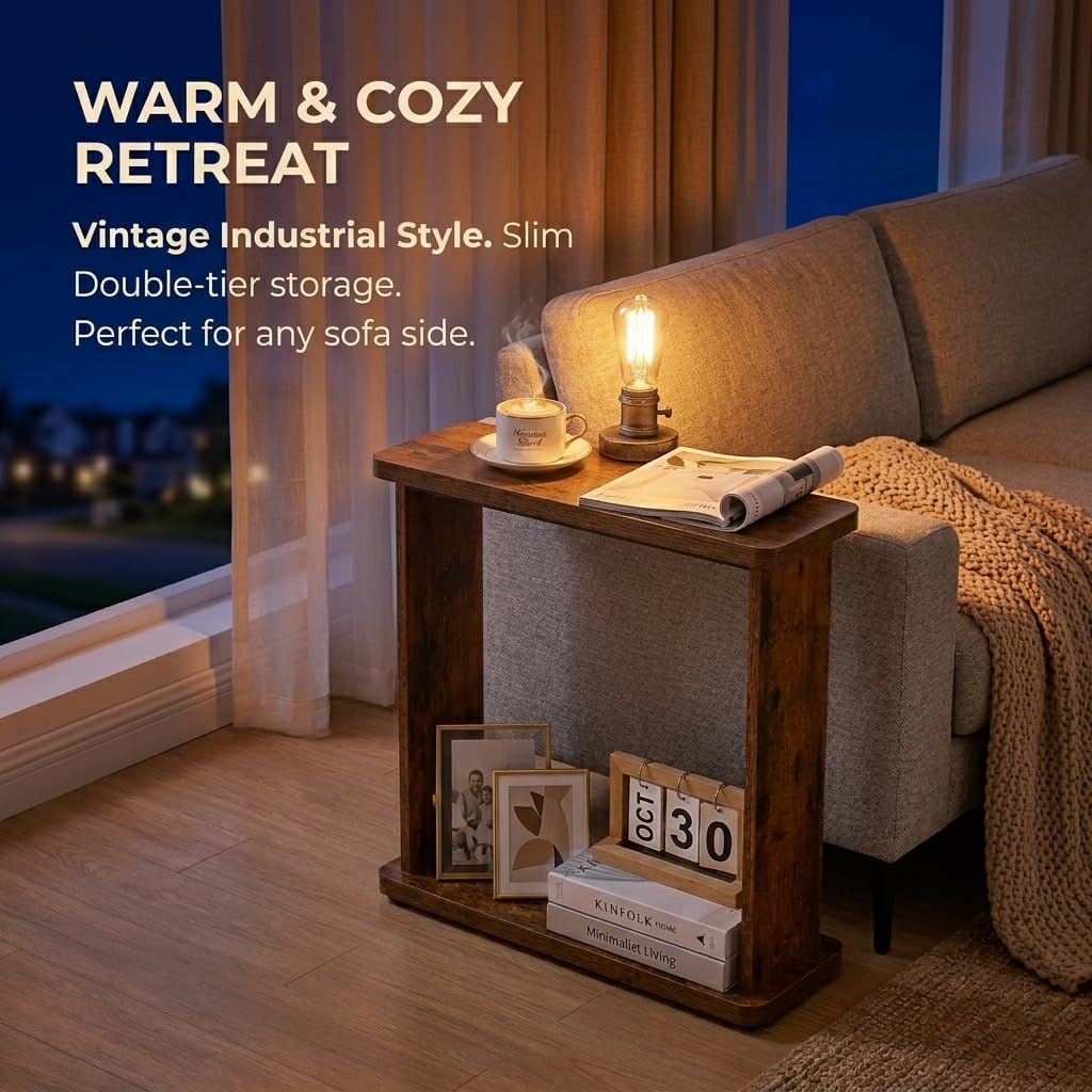 Narrow Side Table for Small Spaces, 7.9" Slim End Table with 2-Tier Open Storage Shelf, Modern Skinny Wood Sofa Table for Living Room, Bedroom, Nightstand, Couch (Rustic Brown)