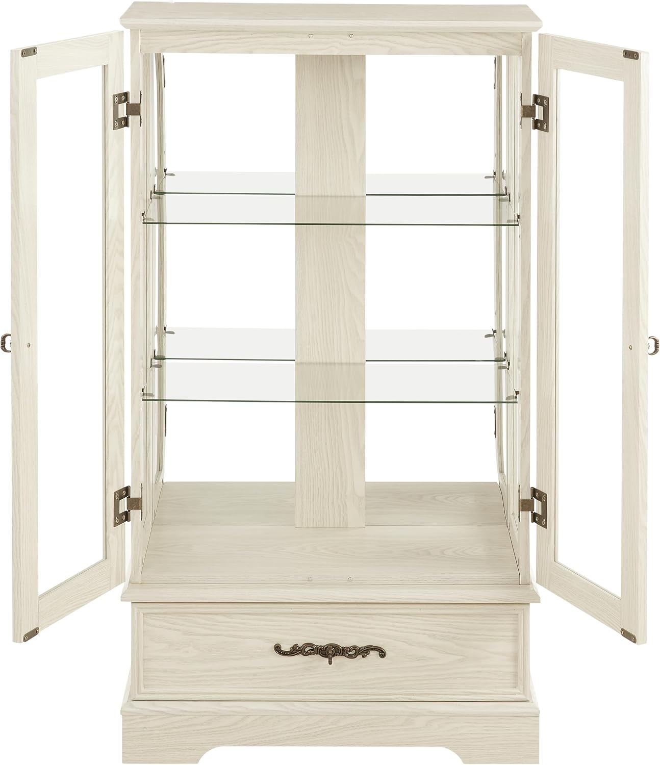 47" H Lighted Curio Cabinet Display Case, Glass Case with Adjustable Shelves,Tempered Glass Door and Drawer, Wooden Curio Cabinet with Mirrored Back Pane for Living Room (Antique White)