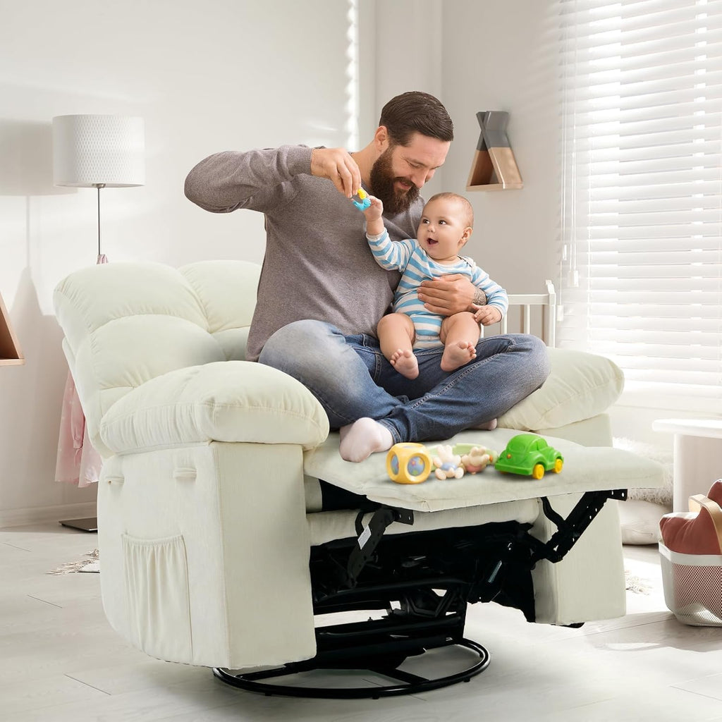 Rocking Recliner Chair, 360° Swivel Rocker Chair, Chenille Upholstered Glider Chair with Side Pockets, q235 Steel Frame Lazy Boy Recliner Single Sofa for Living Room, Nursery, Small Spaces, Beige