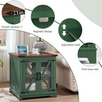 Joaxswe Farmhouse End Table with Charging Station, 24" Large Sofa Side Table with Glass Barn Door, Green Nightstand with Adjustable Storage Shelf, Wood Square Bedside Table for Living Room, Bedroom