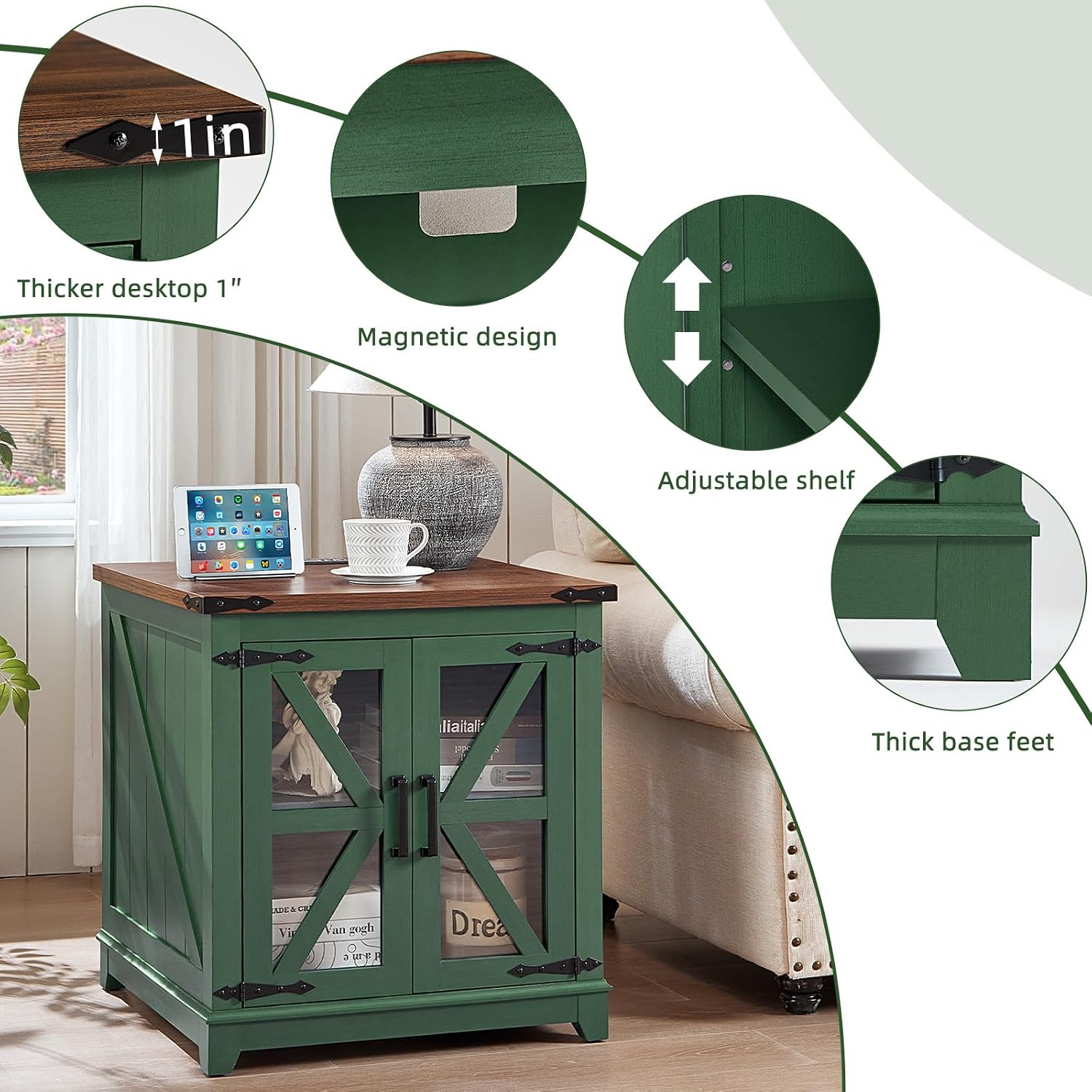 Joaxswe Farmhouse End Table with Charging Station, 24" Large Sofa Side Table with Glass Barn Door, Green Nightstand with Adjustable Storage Shelf, Wood Square Bedside Table for Living Room, Bedroom