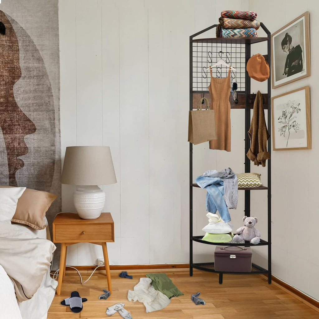 Corner Coat Rack, Coat Rack with Shoe Storage, Hall Tree with Bench and Shoe Storage, Freestanding Shelves with 14 Hook for Entryway, Hallway,Bedroom (Corner)