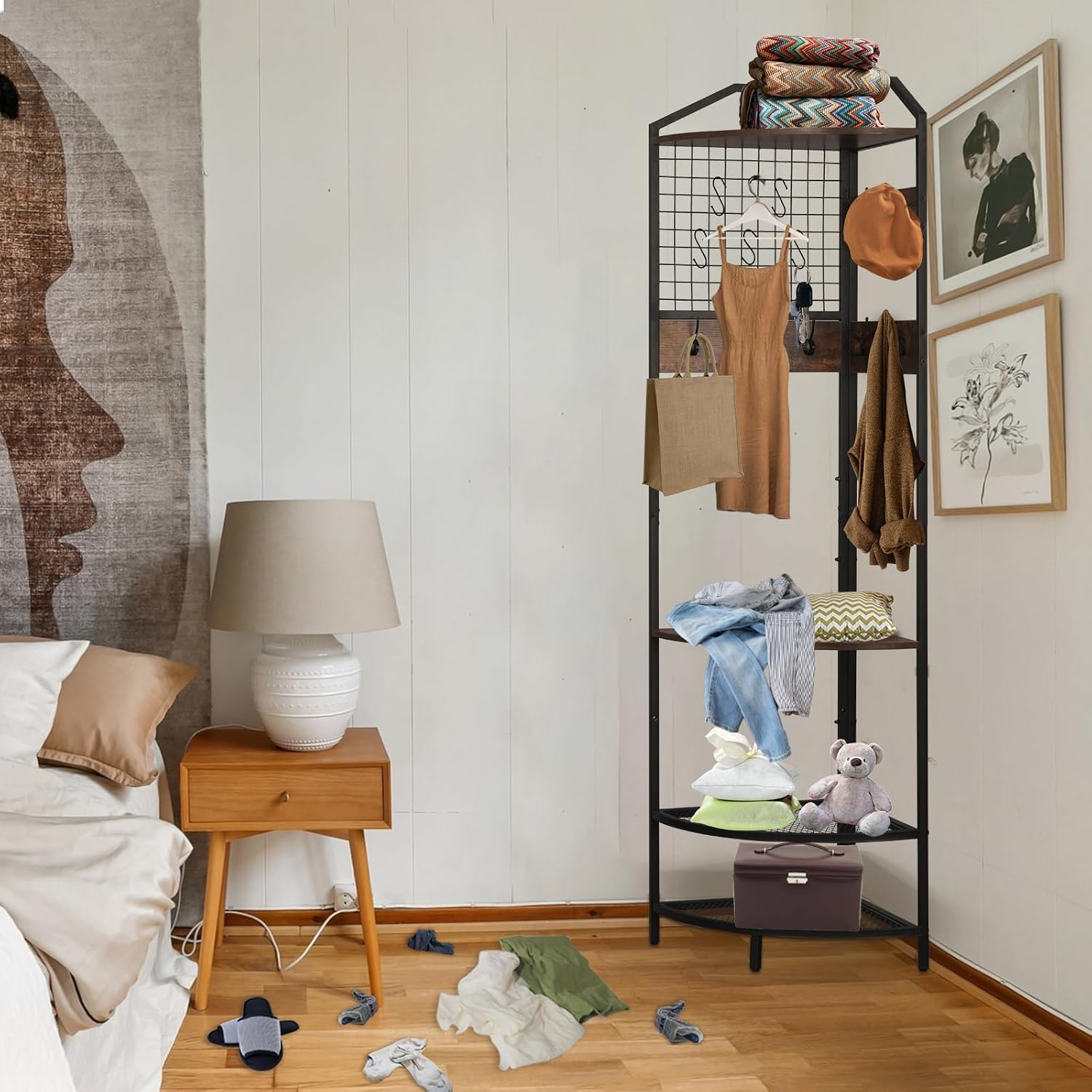 Corner Coat Rack, Coat Rack with Shoe Storage, Hall Tree with Bench and Shoe Storage, Freestanding Shelves with 14 Hook for Entryway, Hallway,Bedroom (Corner)