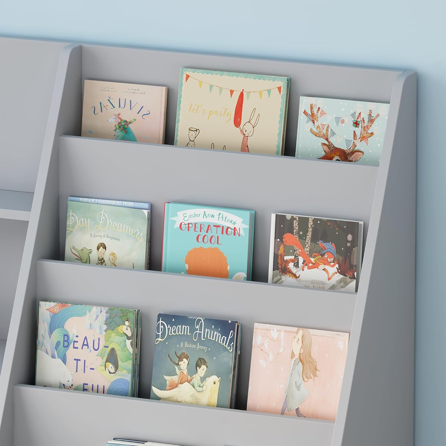 4 Tier Kids Bookshelf for Nursery, Baby Toddler Bookshelves Toy Organizers and Storage Bookcase, Wooden Children Book Shelf for Kids Rooms Classroom (Grey)