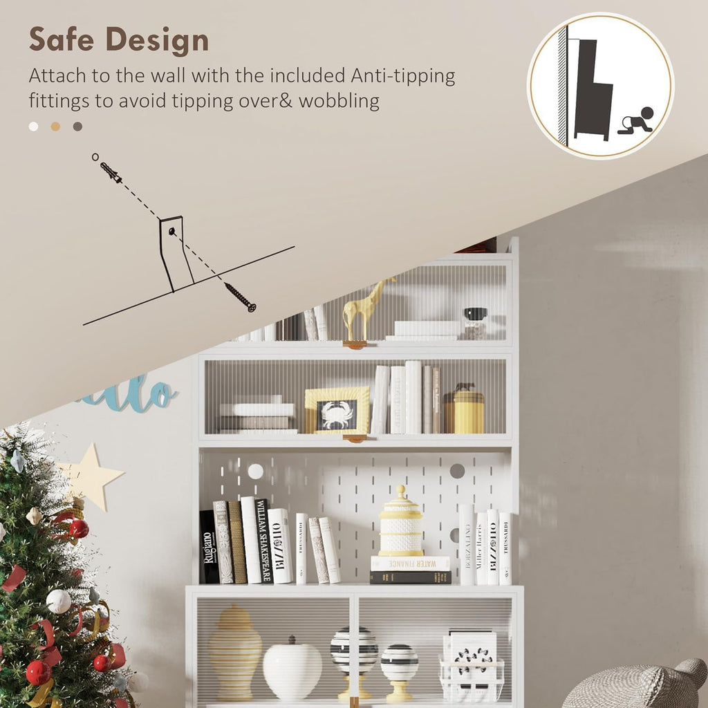 73'' Kitchen Pantry Storage Cabinet with Large Countertop, Modern Hutch Cabinets with Glass Doors&Adjustable Shelves and Microwave Stand, Pantry Cabinets Buffet Cabinet for Dining Room (White)