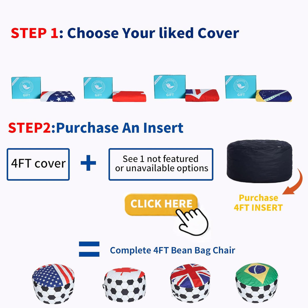 4FT Soccer Football Bean Bag Chair with Printed Flag Bean Bag Cover for Adults&Kids,2026 World Cup USA Fan Large Memory Foam Beanbags Ideal for Game Day & Living Room Bedroom