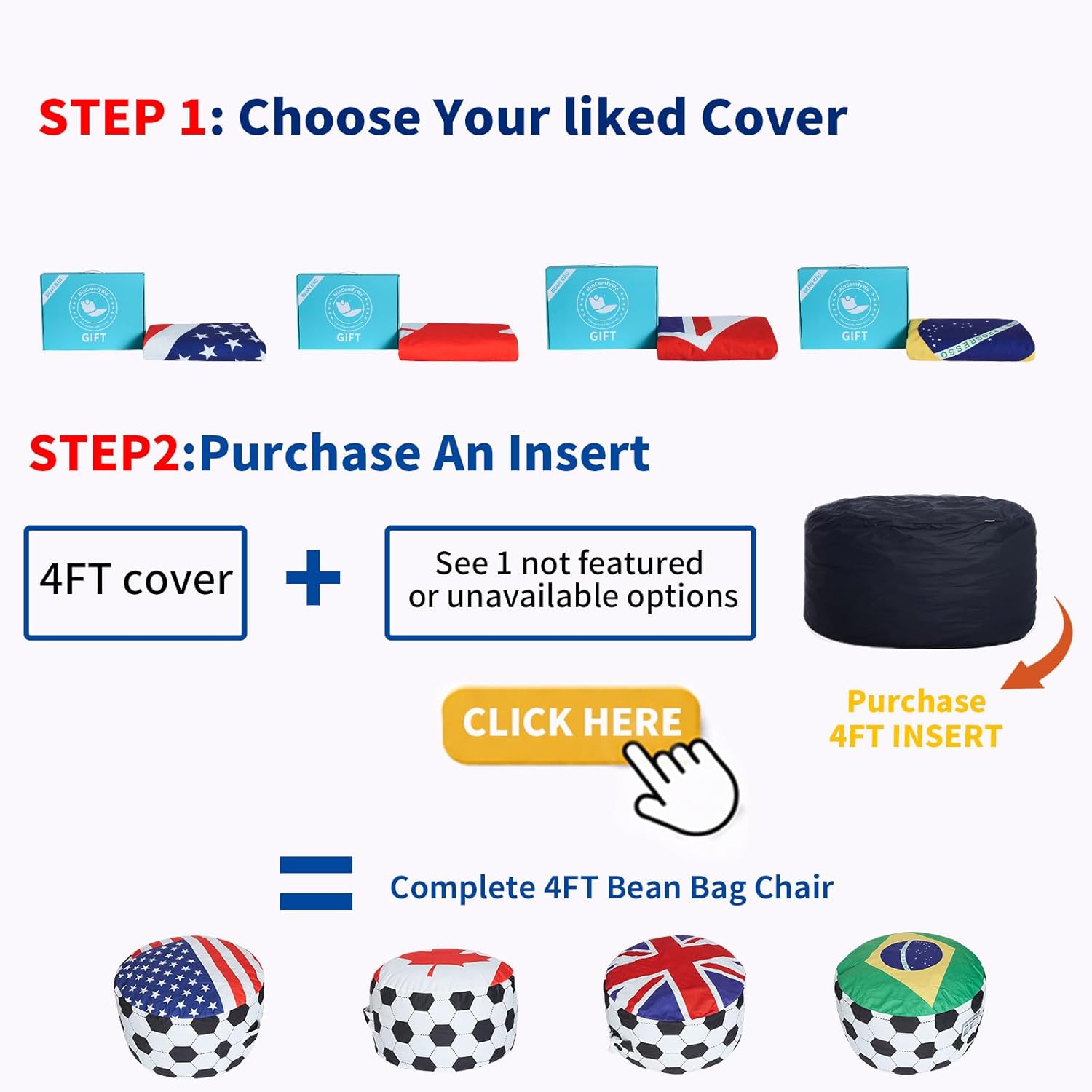 4FT Soccer Football Bean Bag Chair with Printed Flag Bean Bag Cover for Adults&Kids,2026 World Cup USA Fan Large Memory Foam Beanbags Ideal for Game Day & Living Room Bedroom