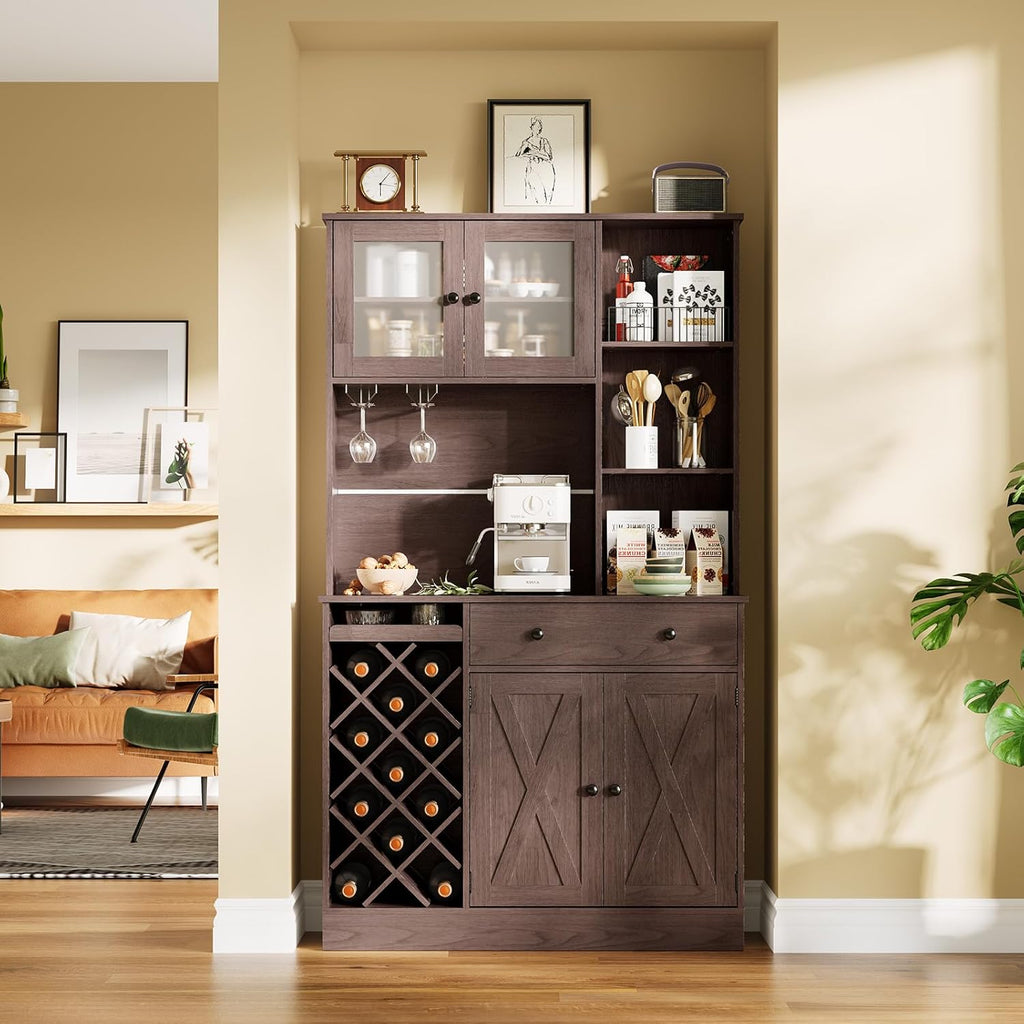72" Tall Kitchen Pantry Cabinet with Power Outlet & Wine Rack - Farmhouse Sliding Barn Door Coffee Bar Cabinet with Storage Drawers & Adjustable Shelves, Sideboard Buffet for Dining Room, Home Bar