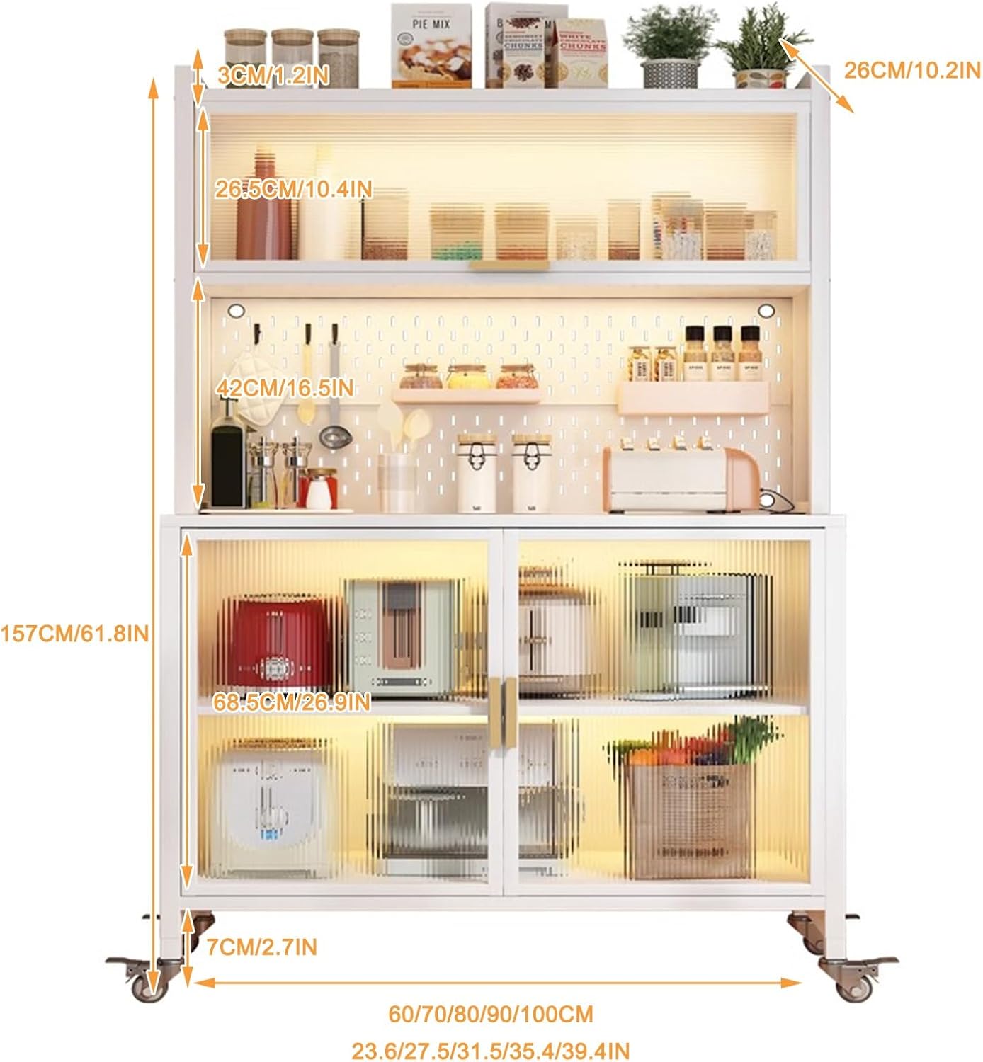 Kitchen Storage Cabinet, Microwave Stand with Flip-up Doors, Kitchen Pantry Storage Cabinet with Rolling Wheels, DIY Backplane Creative, Tall Cupboard for Kitchen, Living Room, Dining Room(White,80*42