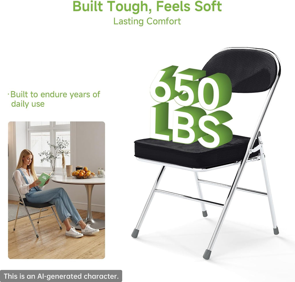 Real Relax Folding Chairs with Padded Thick Seat, Durable Corduroy Fabric, Portable Stackable Commercial Folding Office Chair with Steel Frame for Events Office Wedding Party,650LB,4 Pack,Black