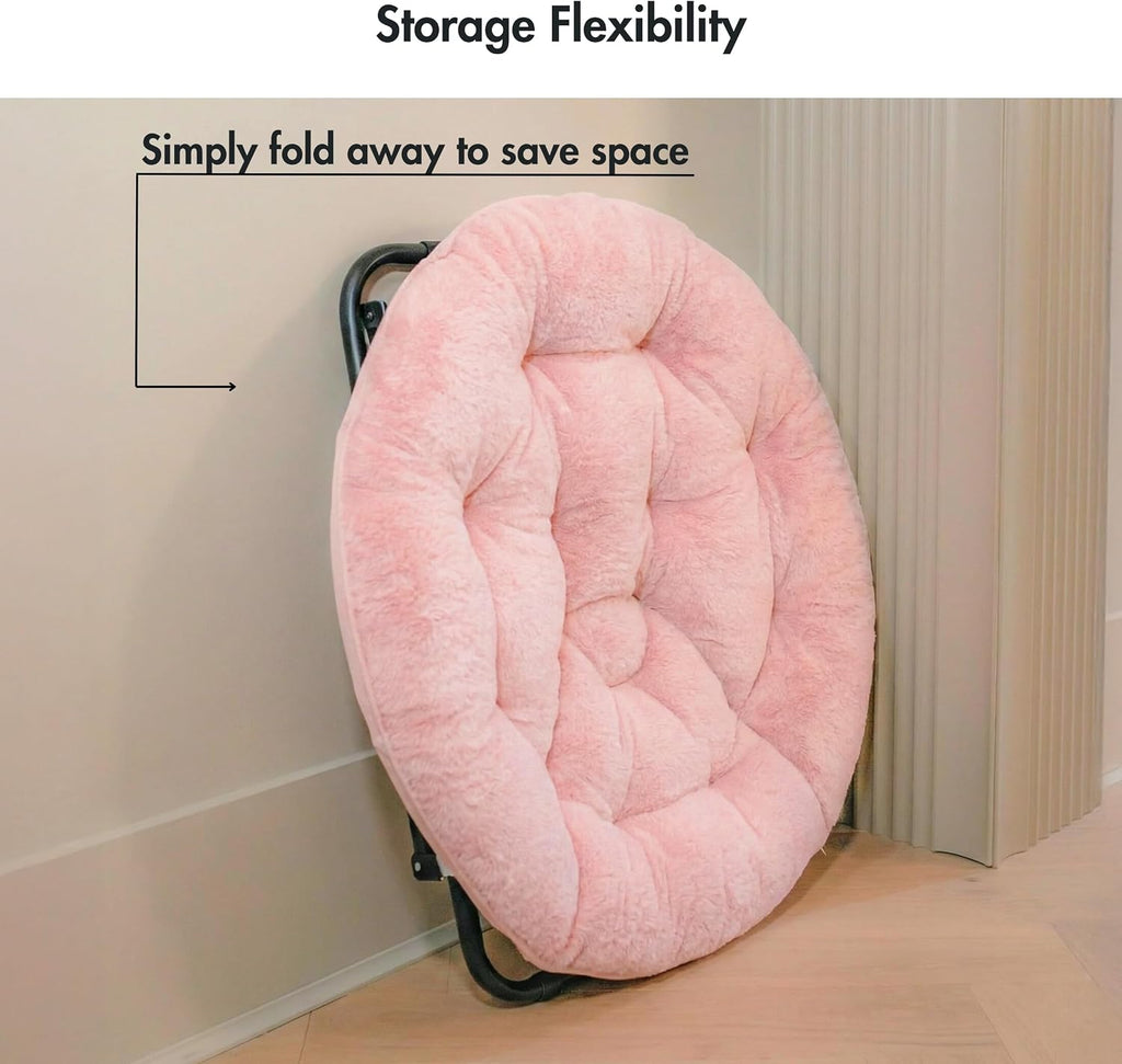 Comfy Faux Fur Saucer Chair for Adults, Foldable Moon Chair with Metal Frame, Soft Padded Lounge Chair for Bedroom, Dorm & Gaming, Large Cozy Circle Chair for Teens & Adults (Dusty Rose)