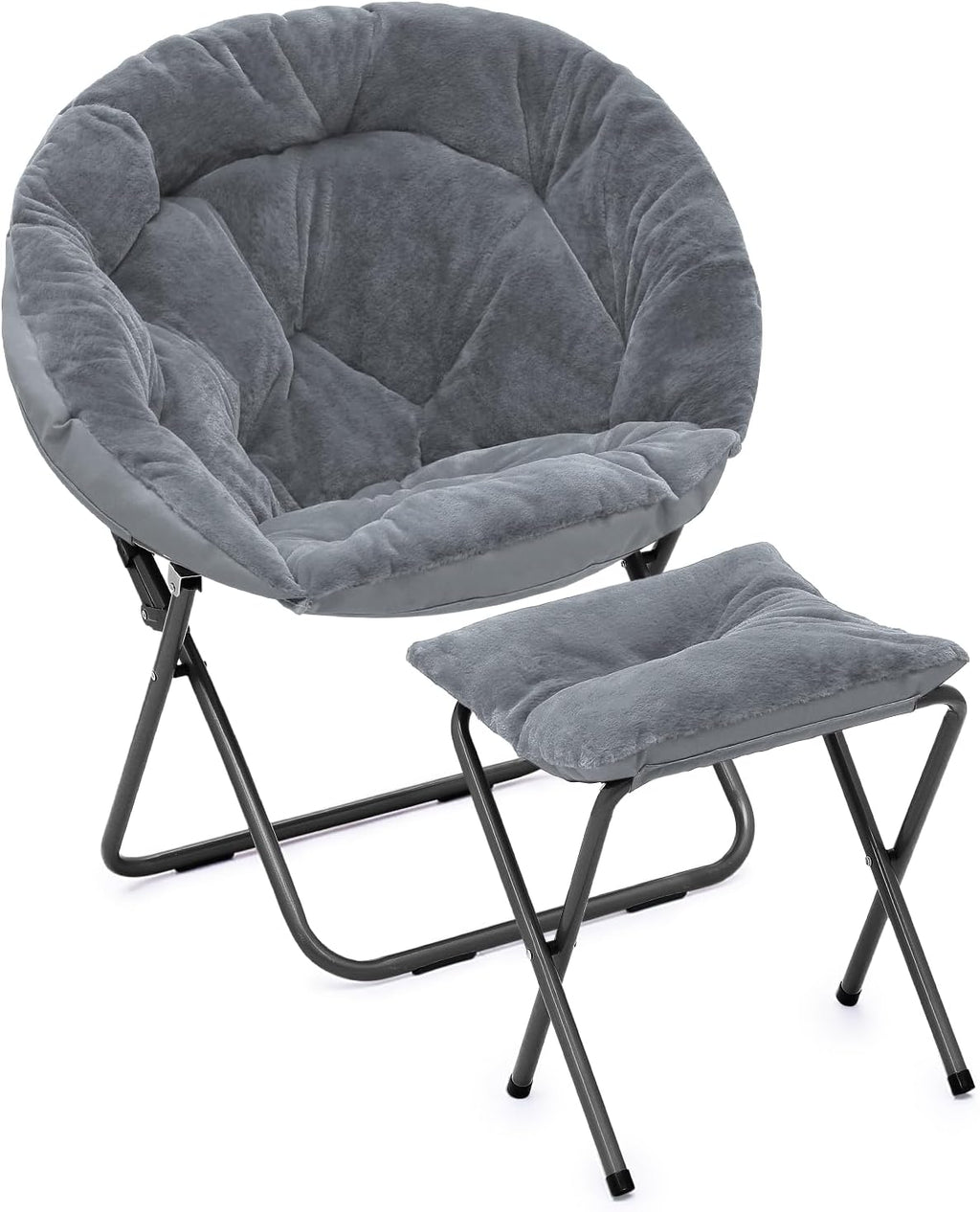 Athena Collection Oversized Saucer Chair with Ottoman, Comfy Lazy Chair for Bedroom Living Room, Folding Round Cozy Moon Chair Faux Fur Metal Frame Foldable Reading Chair for Adults, Grey