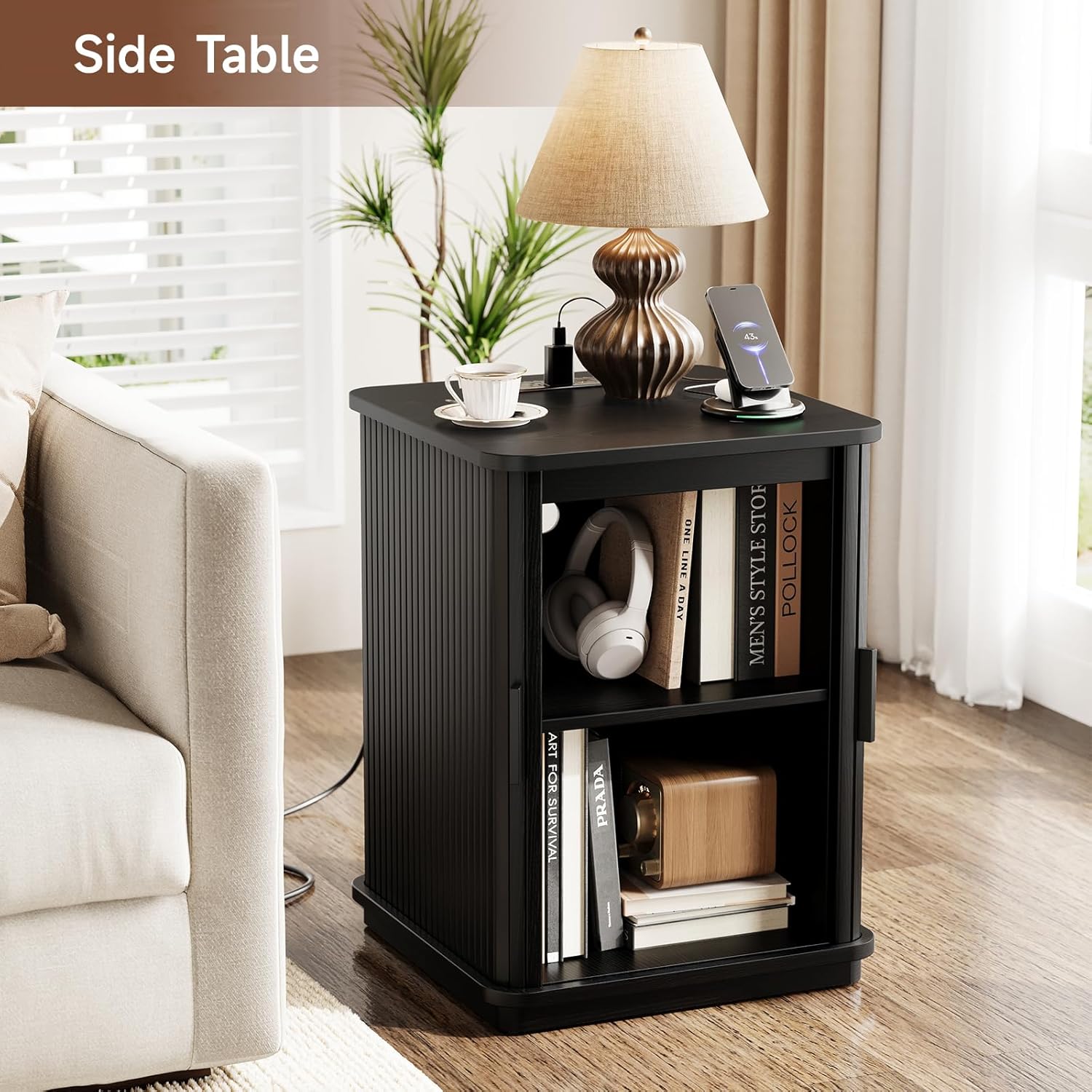ONBRILL Square End Table with Storage & Charging Station, Fluted Accent Side Table with Sliding Door & Sturdy Pedestal, Mid-Century Modern Nightstand for Small Space, Living Room, Bedroom, Black