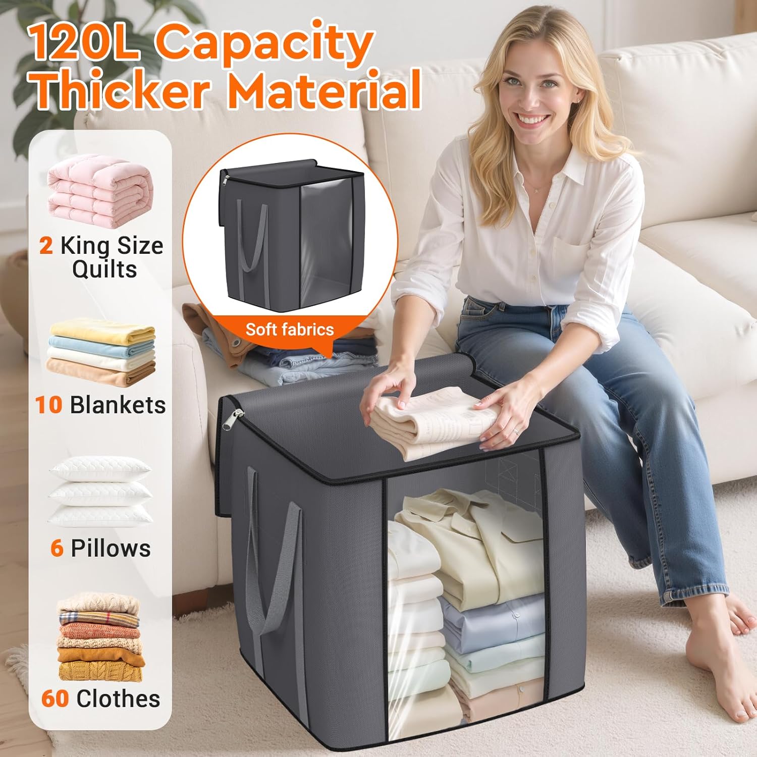 TasticTotes 120L Extra Large Clothes Storage Bags, Foldable Blanket Storage and Organization, Thick Fabric Containers with Reinforced Handles & Zippers for Clothing, Comforters, Bedding, Gray, 1 Pack