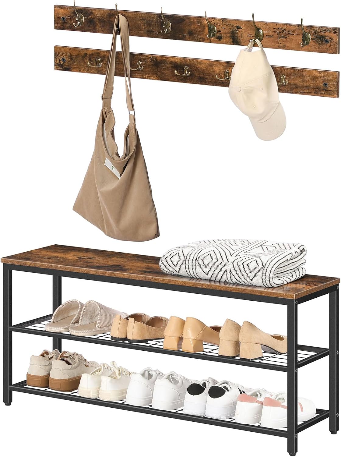 HOOBRO Hall Tree with Bench, Coat Rack Shoe Bench Set, Entryway Shoe Rack with Coat Hooks, Hall Tree, 39.4" L x 11.8" W x 18.1" H, Industrial, for Front Door, Rustic Brown BF071MT01G1