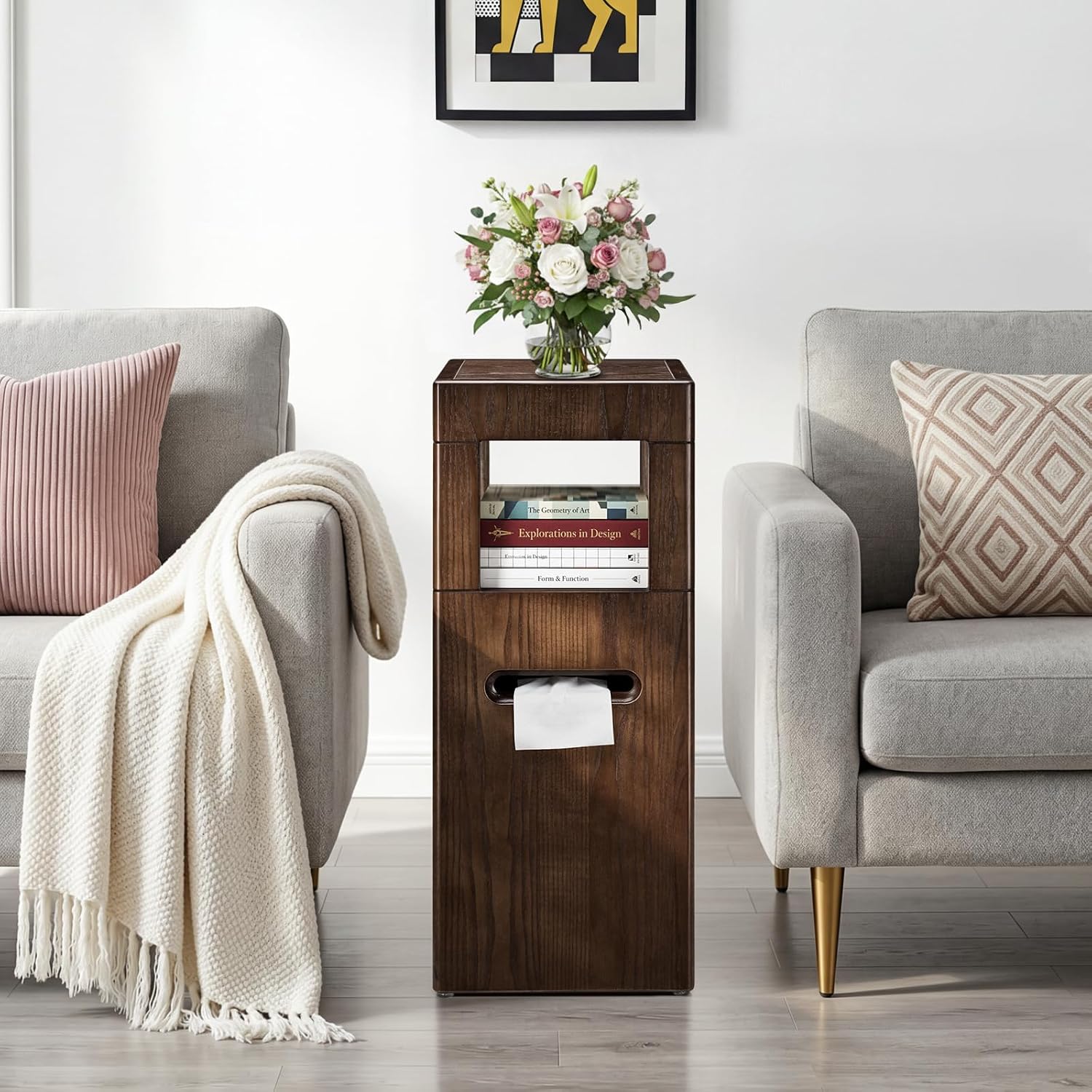 Multi Use Side End Table with Charging Station for Living Room, Solid Wood Small Table with a Hidden Tissue Box for Small Space, Modern Minimalist Nightstand for Bedroom (Walnut)